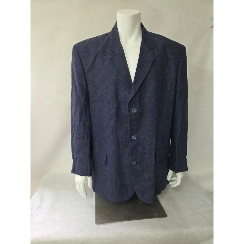 Mosa for Oaktree Mens XL Navy Blue Linen Ramie Blend 3 Button Blazer Jacket